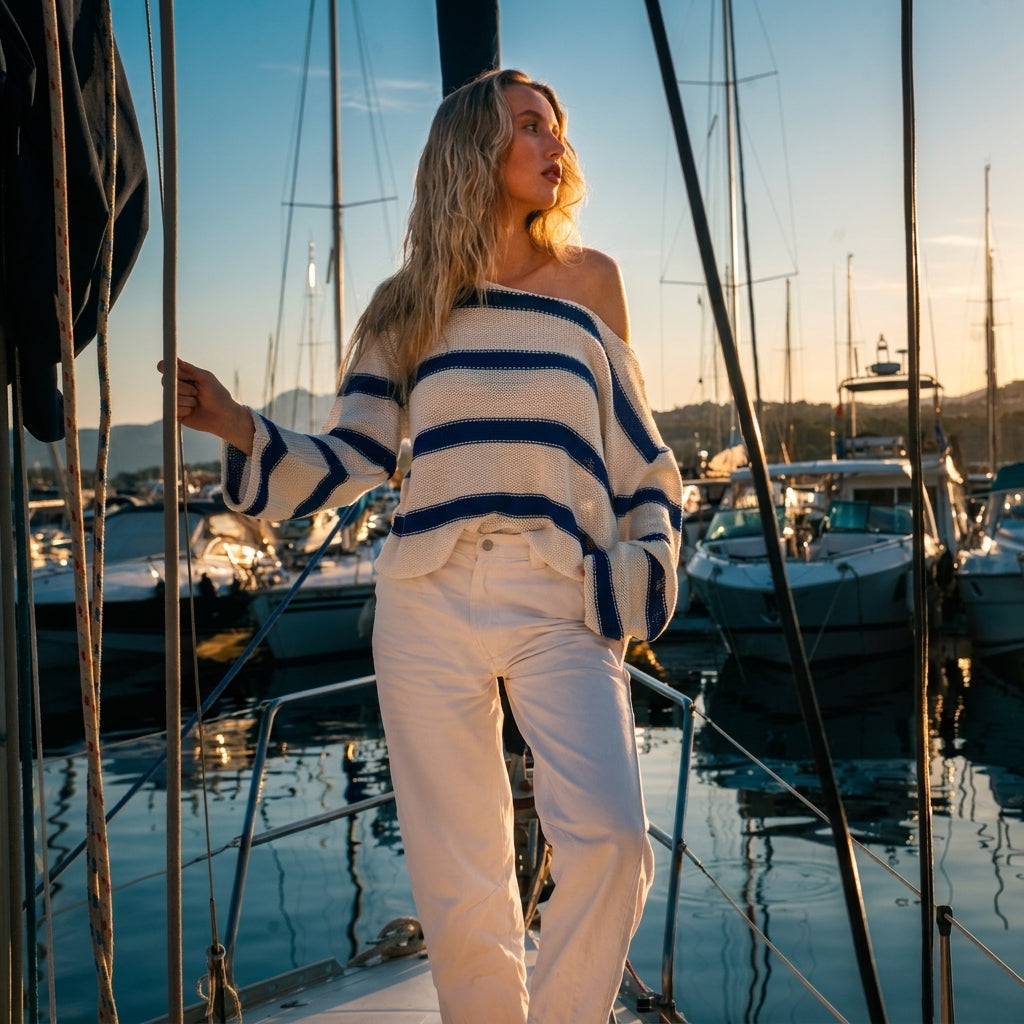 Mujer en la proa de un velero al atardecer con el jersey Riviera de SQUALO de rayas navy sobre crudo