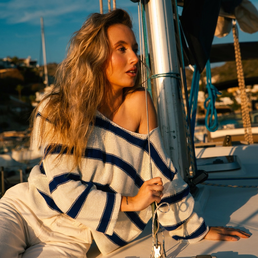 Mujer recostada en la cubierta de un velero al atardecer con el jersey Riviera de SQUALO